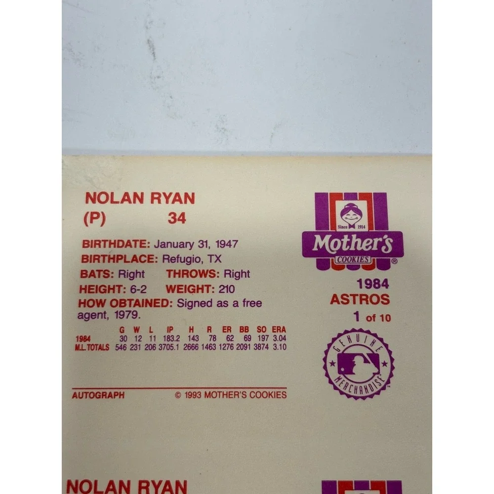 Nolan Ryan 1993 Mothers‎ Cookies Uncut Sheet Of 10 Cards